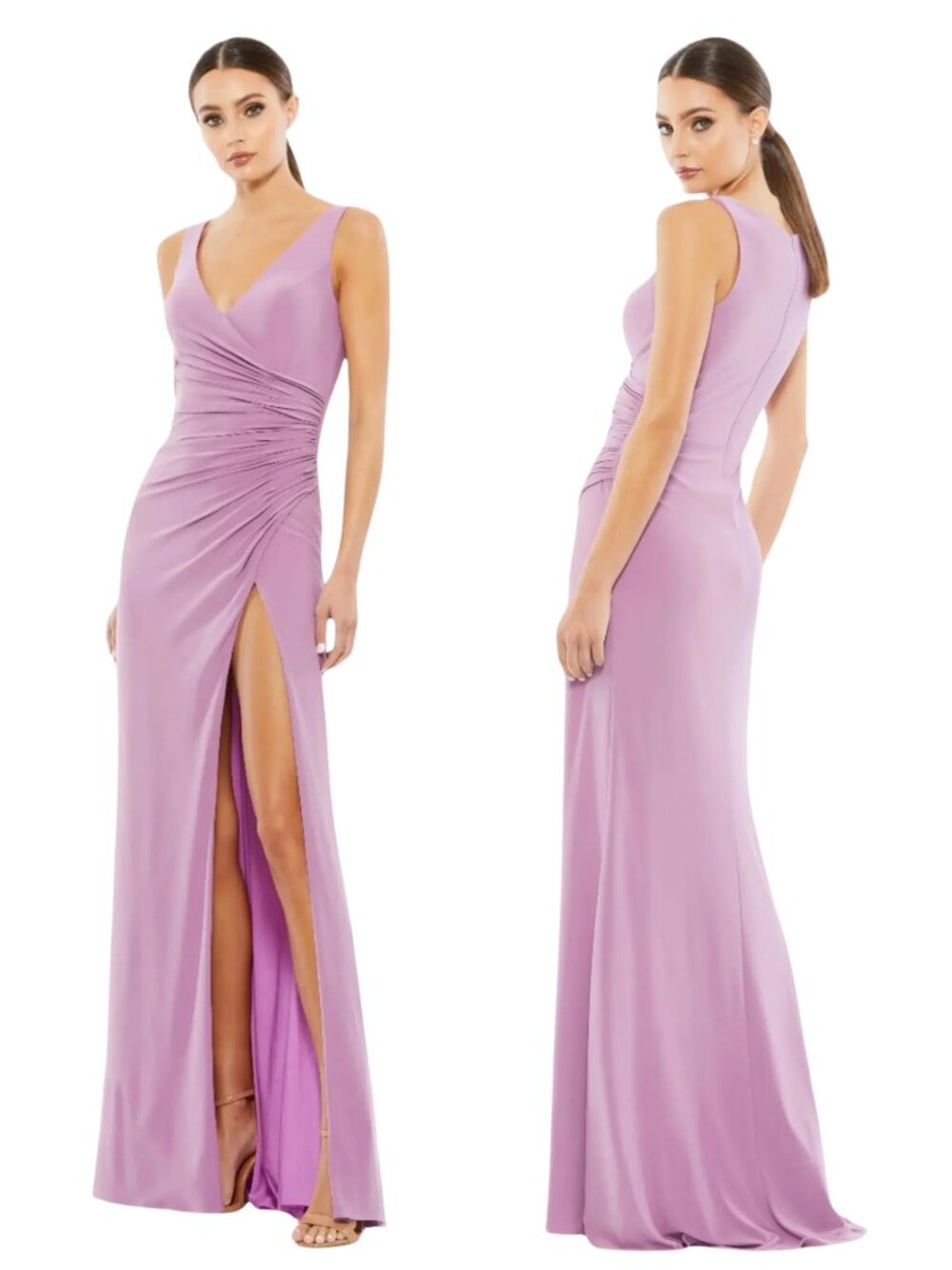 NWT Mac Duggal Purple Ruched Stretch Jersey V-Neck Gown, Lilac, Size 0